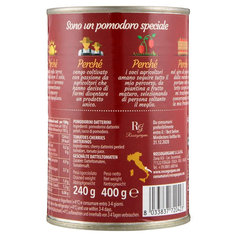 Rosso Gargano pomodori Datterini Pelati di Puglia, 100% Italian Datterini peeled tomatoes in a can, ideal for pizza, pasta, sauces and Mediterranean cuisine, 24 x 400 g