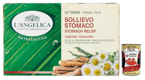 L'Angelica Tisana Sollievo Stomaco, a remedy for heartburn, herbal tea with a mixture of licorice and chamomile, pack of 20 filters + Italian Gourmet Polpa di Pomodoro 400 g tin