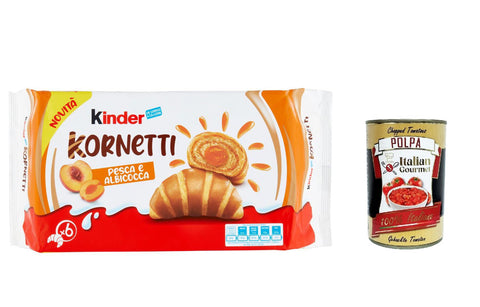 3 x Ferrero Children's Kornetti Pesca e Albicocca Cornetti Croissants Filled with Peach and Apricot Pack of 252 g, Each Pack Contains 6 Croissants + Italian Gourmet Polpa 400 g