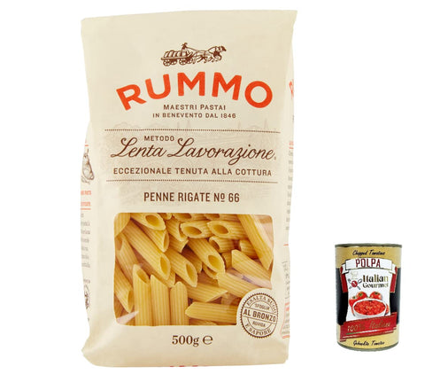 Rummo Penne Rigate N. 66 Durum Wheat Semolina Pasta Italian Noodles 500 g Pack + Italian Gourmet Polpa di Pomodoro 400 g Tub Pack of 5