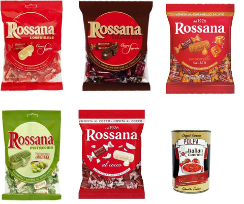 Rossana Test Pack, Caramello Salato - Cocco - Cioccolato - Original - Pistacchio Candies Candy Lollies Hard Sweets with Creamy Filling 5 Packs Sweets + Italian Gourmet Polpa4 00g