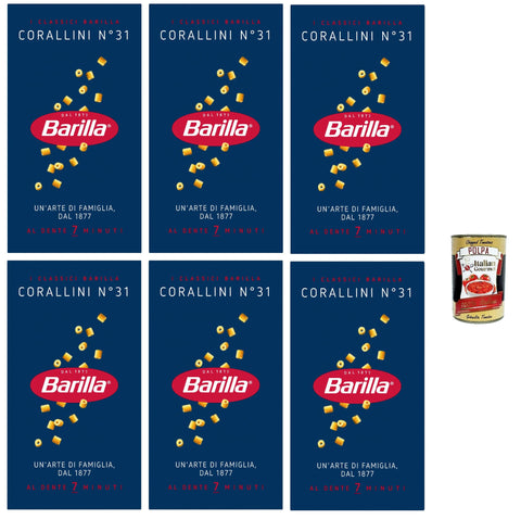 Barilla Corallini N.31 - 6 x 500 g soup pasta made of durum wheat semolina, small tubes for broths and minestrone, al dente in 7 minutes, made in Italy + Italian gourmet polpa