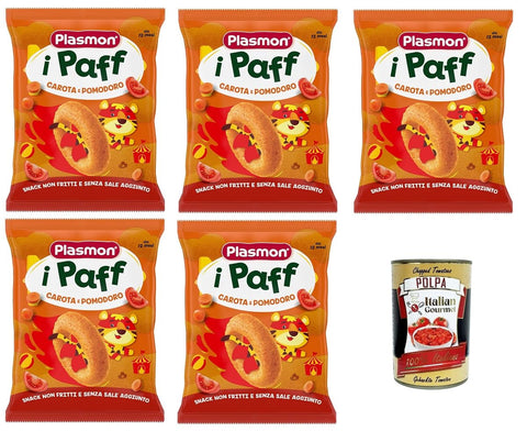 Plasmon Snack i Paff Carrots and Tomatoes, 15 g, 5 Packs. Snacks, Not Fried and No Salt Added, Perfect for Your Child's Small Hands + Italian Gourmet Polpa 400g