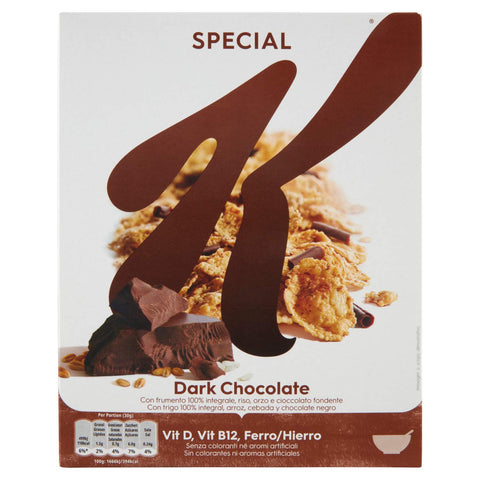 Kellogg's Special K Dark Chocolate Fiocchi di Riso Cereals Dark Chocolate Rice Flakes Whole Grain Wheat and Barley with Vitamins and Minerals with Chocolate Curls 290 g Grain Flakes