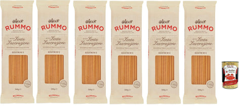Rummo Bucatini N°6 6 x 500 g – Pasta made of durum wheat semolina, bronze drawn, lenta lavorazione, perfect bite resistance, ideal for amatriciana & co., storage pack + Italian gourmet polpa