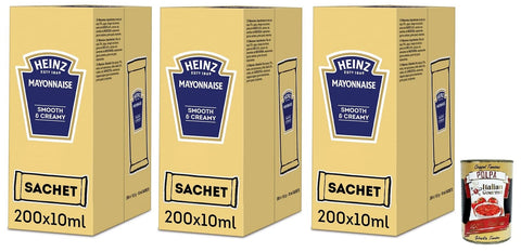 3 x Heinz Maionese, mayonnaise smooth and creamy, each pack contains 200 single dose bags of 10 ml + Italian Gourmet Polpa di Pomodoro 400 g tin