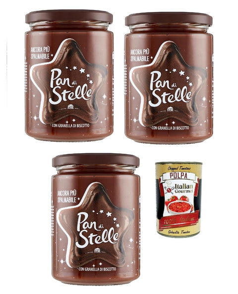 3 x Pan di Stelle Crema Spalmabile Hazelnut Spreadable Cream with Biscuit Grains 580 g without Palm Oil + Italian Gourmet Polpa 400 g