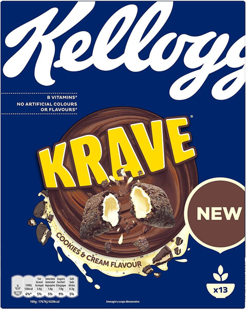 6 x Kellogg's Krave Cookies & Cream Flavour Crispy Cocoa Cereals Filled with Cream