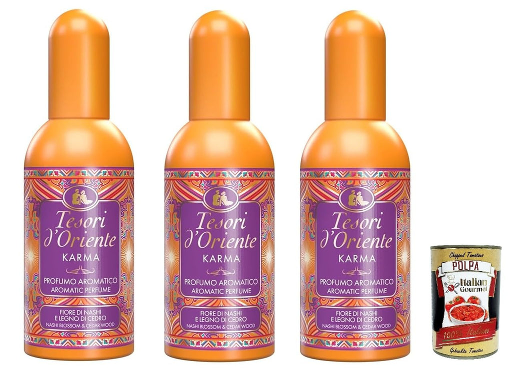 6 x Tesori d'Oriente Karma Aromatic Fragrance with Nashi Flower and Cedar Wood, 100 ml + Italian Gourmet Polpa 400 g