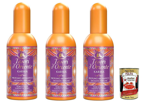 3 x Tesori d'Oriente Karma Aromatic Fragrance with Nashi Flower and Cedar Wood, 100 ml + Italian Gourmet Polpa 400 g