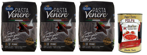 Riso Scotti Pasta Venere Penne Rigate, Pasta Made of Durum Wheat Semolina and Black Venere Whole Grain Rice Flour, Pack of 400 g + Italian Gourmet Polpa di Pomodoro 400 g Tin
