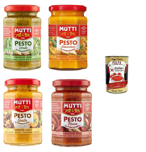 Mutti Pesto Test Pack Pomodori Tomato Pesto Pasta Sauce 100% Italian Tomato Glass 4x 180g Seasoning Sauces with Cashew Nuts, Grana Padano and Pecorino Romano + Italian Gourmet Polpa 400g