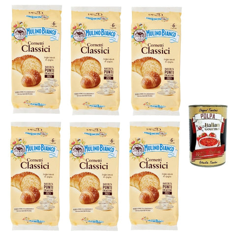 6 x Mulino Bianco Cornetti Classici Croissant Snack without Preservative Additives Briosche 240 g Biscuits + Italian Gourmet Polpa 400 g