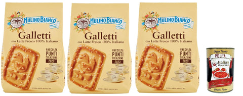 Mulino Bianco Biscotti Galletti 3 x 350 g Italy Biscuits Cookies Cake, Breakfast Biscuits, Biscuits with Fresh Milk, 100% Italian + Italian Gourmet Polpa 400 g