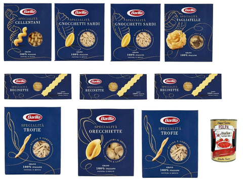 Barilla Specialità Mix 10 x 500 g (Cellentani, Gnocchetti Sardi, Tagliatelle, Reginette, Trofie, Orecchiette) 5 kg Storage Pack - al Dente from Italy + Italian Gourmet Polpa