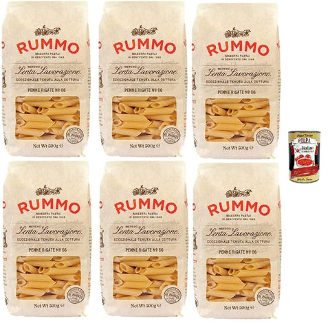 Rummo Penne Rigate N. 66 Durum Wheat Semolina Pasta Italian Noodles 6 x 500 g Pack + Italian Gourmet Polpa di Pomodoro 400 g Tin