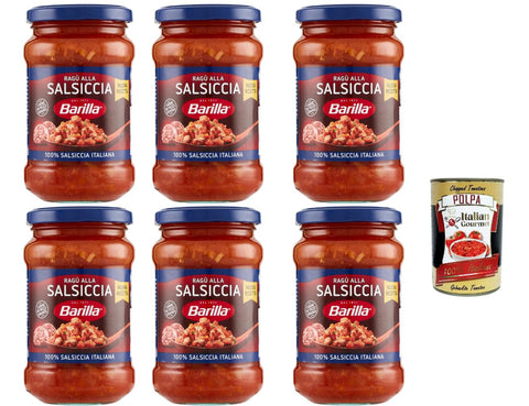Barilla Ragù alla Salsiccia Pasta Sauce 6 x 300 g Glass, Italian Tomato Sauce with Sausage, Ready to Serve without Cooking + Italian Gourmet Polpa