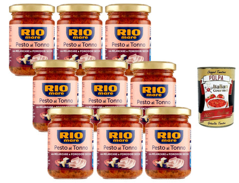 Rio Mare Pesto al Tonno with Aubergine and Dried Tomatoes 12 x 130 g Creamy Tuna Pasta Sauce from Italy Storage Pack + Italian Gourmet Polpa