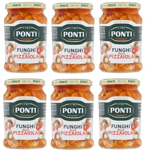 6 x Ponti Funghi Prataioli alla Pizzaiola in Olio di Semi di Girasole Pizzaiola Mushrooms in Sunflower Oil 280 g Glass