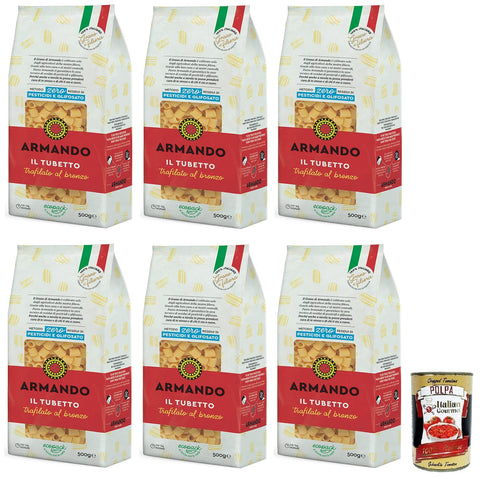 Armando Il Tubetto, Bronze-Drawn Pasta, 100% Italian Pasta, 500 g + Italian Gourmet Polpa di Pomodoro, 400 g Tub, Pack of 6