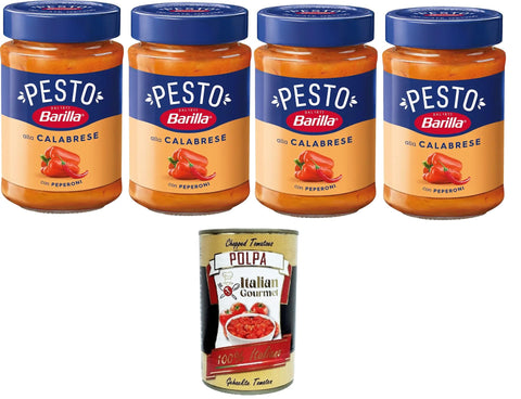 Barilla Pesto Alla Calabrese with Peperoni Condimento e Sugo per Pasta Calabrian Pesto with Paprika Spice and Pasta Sauce 4 x 190 g + Italian Gourmet Polpa 400 g