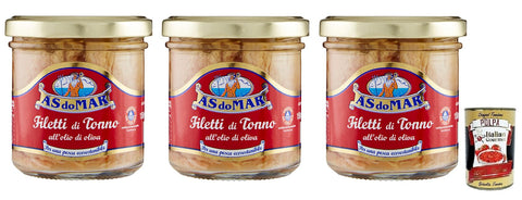 3 x AS do MAR Filetti di Tonno all'Olio di Oliva, Tuna Fillets in Olive Oil, 150 g Glass + Italian Gourmet Polpa di Pomodoro 400 g Tin