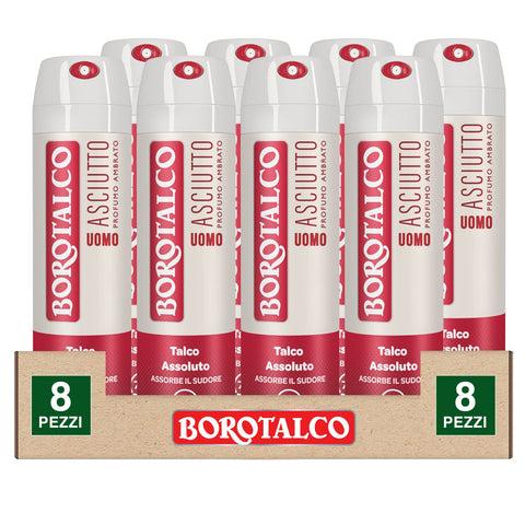 Borotalco Deo 72h Dry Deodorant Spray for Men with Absolute Talcum Absorbs Sweat Without Alcohol Amber Fragrance – 8 Bottles of 150 ml