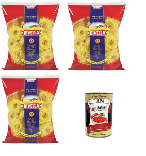 Divella Capelli d'Angelo N°93 Durum Wheat Semolina Pasta Italian Noodles 3 x 500 g + Italian Gourmet Polpa di Pomodoro 400 g