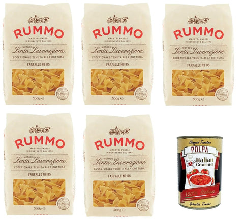 Rummo Farfalle n° 85 Pasta Lenta Lavorazione Pasta Made of Durum Wheat Semolina Bronze Drawing 5 x 500 g + Italian Gourmet Polpa 400 g