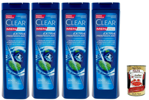 Clear Extra Freschezza 24H Men's Shampoo for All Hair and Scalp Types - Extra Fresh Shampoo 4x 225 ml + Italian Gourmet Polpa 400 g