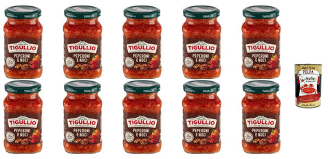 Tigullio GranPesto Peperoni e Noci, Red Pepper and Walnut Sauce, 190 g, Pack of 10, Gluten Free, + Italian Gourmet Polpa 400 g