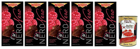 5 x Novi Nero Cioccolato Fondente Lamponi e Mandorle, Extra Dark Chocolate with Raspberries and Chopped Almonds, 70% Cocoa, 75 g + Italian Gourmet Polpa di Pomodoro 400 g Tin
