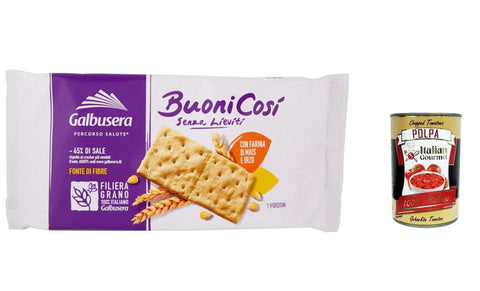 6 x Galbusera BuoniCosì, crackers with corn flour and barley without yeast, with slightly refined type 2 flour 300 g + Italian gourmet polpa 400 g