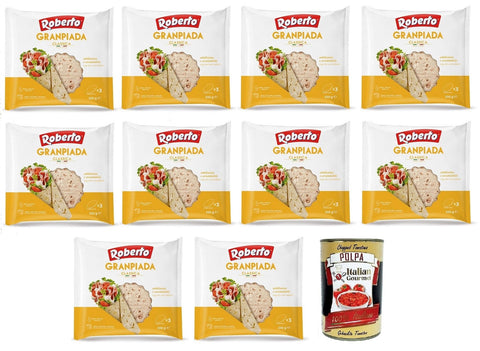 10 x Roberto GranPiada Classic, Thin and Scented Piadina Bread, Pack of 330 g, Each Pack Contains 3 Wraps + Italian Gourmet Polpa di Pomodoro 400 g Tin