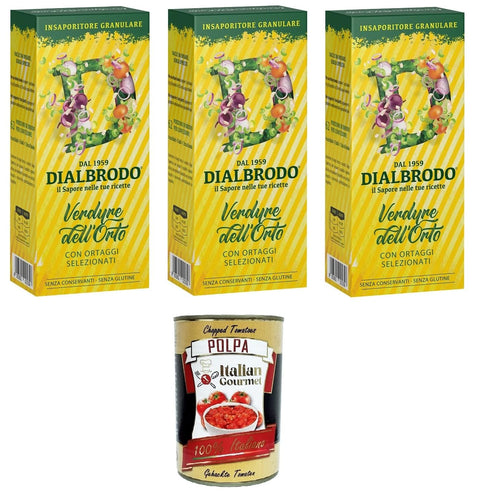 Dialbrodo Insaporitore Granular Verdure dell'Orto Granulate Spice for Garden Vegetables 3 x 250 g + Italian Gourmet Polpa 400 g