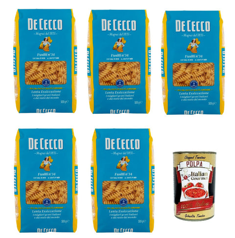 De Cecco Fusilli N°34, 100% Italian Pasta Pasta, 5 x 500 g + Italian Gourmet Polpa 400 g