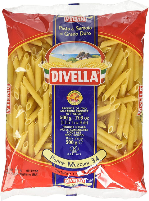 Divella Penne Mezzani N. 34 Durum Wheat Semolina Pasta Italian Noodles 500 g Pack + Italian Gourmet Polpa di Pomodoro 400 g Tin Pack of 10
