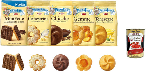 Mulino Bianco Test Pack, Gemme - Canestrini - Chicche - Tenerezze - Mini Fat Ciccolato, Biscuits Biscuits Cookies Cake with Apricot Jam 5 x 200 g + Italian Gourmet Polpa 400 g