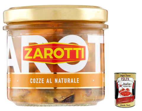 6 x Zarotti Cozze al Naturale, Shells in Infusion in Glass 140 g + Italian Gourmet Polpa 400 g