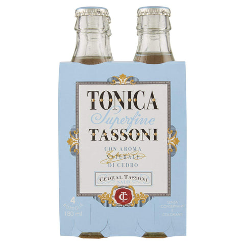 Tassoni Tonica Superfine con Aroma Naturale di Cedro Carbonated Soft Drink Tonic Water with Natural Cedar Aroma Glass Bottle (4 x 18 cl)