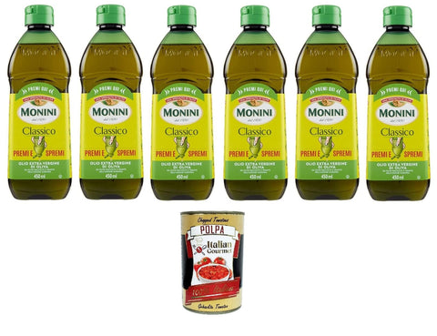 Monini Classico Premi e Spremi Olio Extra Vergine di Oliva Squeeze Virgin Olive Oil Extra PET 6 x 450 ml + Italian Gourmet Polpa di Pomodoro 400 g