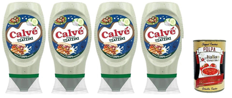 Calvé Tzaziki Sauce, Spice Sauce Based on Cucumber and Garlic, Gluten-Free Condiment Sauce, Top Down 4 x 250 ml + Italian Gourmet Polpa 400 g