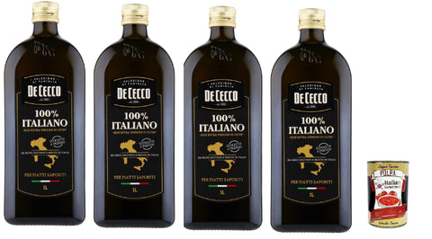 De Cecco Extra Virgine Olive Oil 100% Italiano - Cold Extracted, Fruity & Balanced - 4 x 1 L (4 L) Supply in Dark Glass - for Kitchen & Raw Food - + Italian Gourmet Polpa