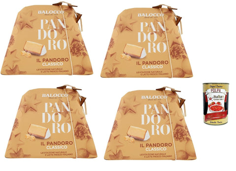Balocco Pandoro Classico 4 x 1 kg - Original Italian Christmas Cake - Natural Long-Term Dough Guide with Fresh Milk - Traditional Holiday Pastries from Italy + Italian Gourmet Polpa 400 g