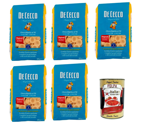 De Cecco Orecchiette N°91, 100% Italian Pasta Pasta, 5 x 500 g + Italian Gourmet Polpa 400 g