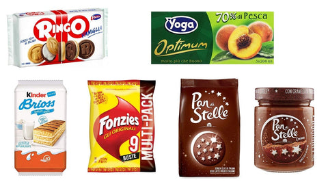 Children's Kit Snacks Biscuits Fruit Juices Corn Snack Chocolate Cream 6 Pieces Pavesi Kids Mulino Bianco Yoga Fonzies Pan di Stelle