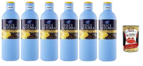 Paglieri Felce Azzurra Bagnodoccia Ebano e Vaniglia, Ebony and Vanilla Body Wash, Shower Gel 6 x 650 ml + Italian Gourmet Polpa 400 g
