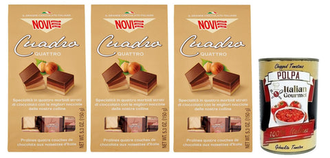 3 x Novi Cuadro Quattro, Four Different Layers of Delicious Chocolate with Italian Hazelnuts, 150 g Bag + Italian Gourmet Polpa di Pomodoro 400 g Tin