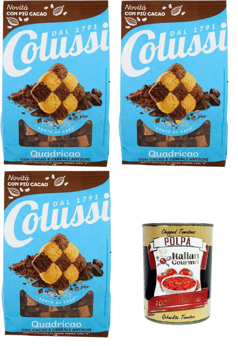 Colussi Quadricao Biscotti con Cacao e Cereali Antichi Biscuits with Cocoa and Old Cereals 3 x 450 g + Italian Gourmet Polpa 400 g