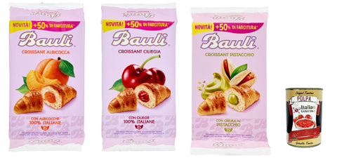 Bauli Cornetti Test Pack, Ciliegia, Albicocca and PIstacchio Croissant Apricot Brioche Cake 100% Italian Apricots 3 x 300 g + Italian Gourmet Polpa 400 g
